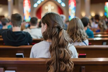 rear view of people sitting in church pews religious gathering concept