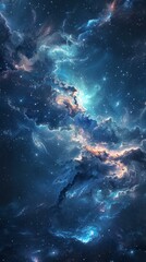 b'Interstellar space cloudscape with bright glowing nebulae and stars'