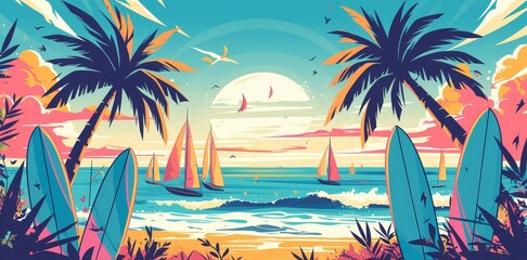 A vector cartoon of surfboards leaning against palm trees on the beach with waves in front and an ocean view behind, with sailboats out at sea, with a sun setting behind.