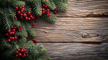 Fototapeta na wymiar b'Christmas rustic background with fir tree branches and red berries'