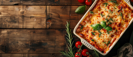 Hearty Traditional Lasagna with Melted Cheese, Top View of Delicious Baked Lasagna with Room for Text