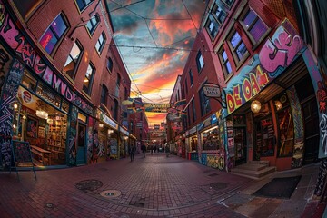 Naklejka premium Fisheye lens captures dynamic street art during Golden Hour.