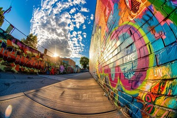 Fisheye lens captures dynamic street art during Golden Hour.