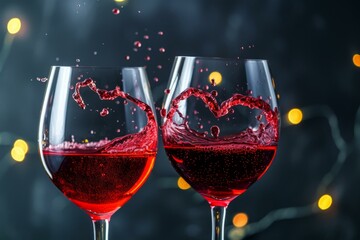 b'Two glasses of red wine with a heart-shaped splash'