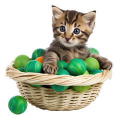 Fototapeta na wymiar A playful kitten lies in a basket with green balls Isolated on a white background