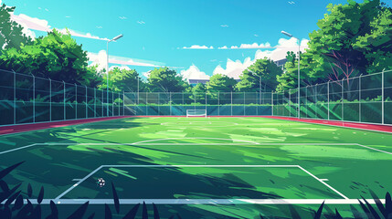Outdoor soccer court scene in flat graphics