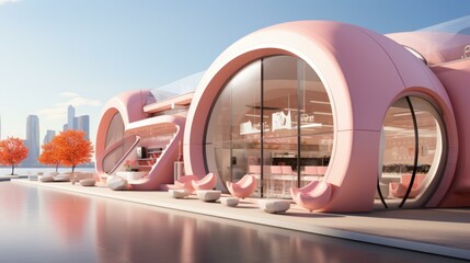 Fototapeta premium b'pink futuristic building with large glass windows'