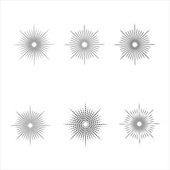Sunburst element. Set of sunburst.  Sun icons and sunbeam collection. Round sunburst, line radial frame icon set. Black sunburst on white background.