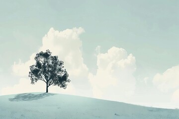 solitary tree on a hill with minimalist background ethereal nature illustration