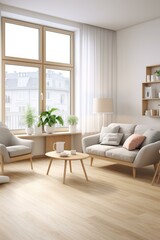 b'Bright airy living room with large windows and plants'