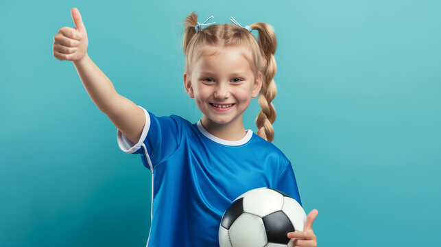Garota feliz fazendo sinal de positivo segurando uma bola de futebol