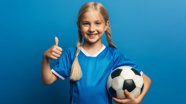 Garota feliz fazendo sinal de positivo segurando uma bola de futebol