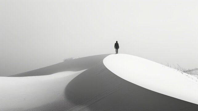 b'A lone figure stands on a sand dune in the middle of a vast desert.'