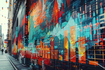 Illustrate the intersection of financial trends and street art with a digital collage, merging stock market graphs with vibrant graffiti patterns, depicting soaring profits amidst urban creativity
