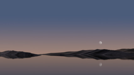Mountain island on a lake at dusk with the moon on the horizon. Evening landscape, wallpaper.3D render