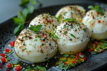 A black oval plate with white mozzarella balls, topped by three pieces of brown fabric cut into squares and sprinkled with mint leaves