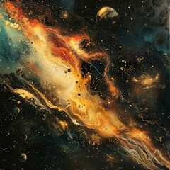 b'Abstract painting of a colorful nebula with stars and planets'