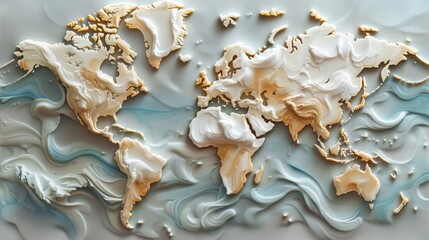 A world map made of white and brown marble.
