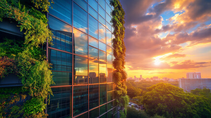 Sunset over a modern eco-friendly skyscraper with vertical gardens in a bustling cityscape. Generative AI