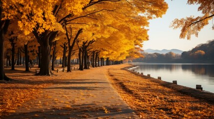 b'Fall Scenery of Trees by a Lake'