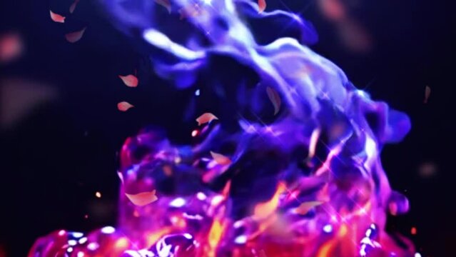 flames of fire purple with burning smoke float up black motion