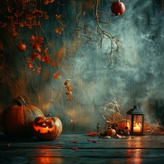 b'Halloween pumpkin still life with a lantern'