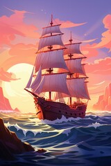 b'A Pirate Ship Sails on the Ocean at Sunset'