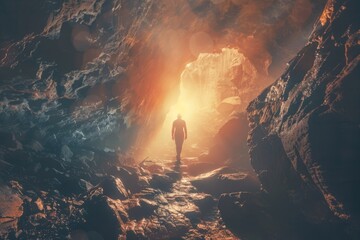 A solo traveler exploring the cave - obrazy, fototapety, plakaty