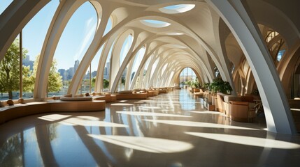 b'Futuristic interior space with large curved windows and concrete arches'