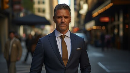 Fototapeta premium b'A man in a suit standing in a city street'
