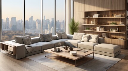 b'Modern living room interior with large windows and city view'