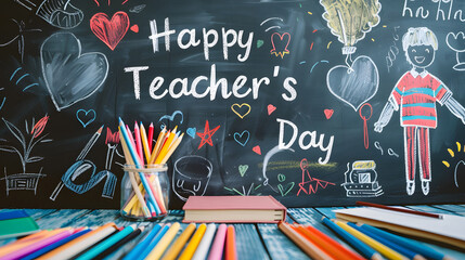 Blackboard with "Happy Teacher's Day" and pencils in front of it, books on the table. Teachers day. Back to school. Student day