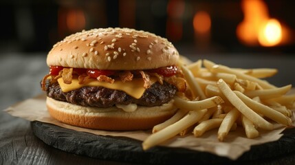 b'A cheeseburger with crispy fried onions and a side of french fries on a wooden table with a fire in the background'