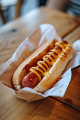 Delicious Hot Dog with Mustard on a Wooden Table