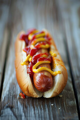 Delicious Hot Dog with Mustard and Ketchup on a Wooden Table