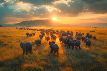 A majestic view of a herd of elephants traversing the golden savanna plains against the backdrop of...