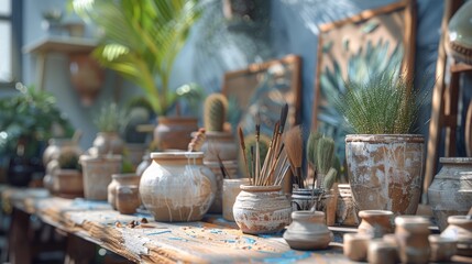 An image of a messy table in a sunroom with pots and paintbrushes on it.