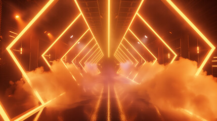 Futuristic glowing orange neon light installation in a smoky stage setting. Abstract interior.  Generative AI