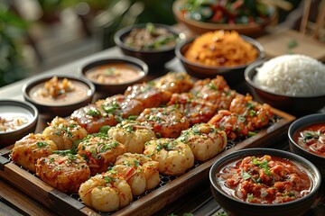 A table full of food, including rice, soup, and a bowl of rice with meat. Scene is inviting and warm, as it shows a variety of dishes that are meant to be shared and enjoyed together