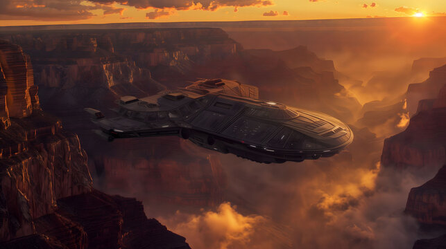 Extraterrestrial Encounter: Realistic Alien Craft in Grand Canyon Sunset