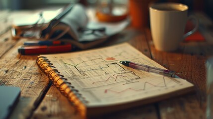 An open notebook with a pen on top of it. Next to it is a cup of coffee and some other supplies. The background is a wooden table.