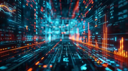 Binary code tunnel with blue and orange lights