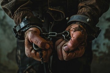 A man prisoner with chained Hands, Man in handcuffs, Close-up, man in handcuffs. Arrested man handcuffed hands, Ai generated - obrazy, fototapety, plakaty