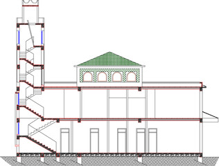 Vector sketch illustration of the design of a section of the holy building of a Muslim mosque with a minaret