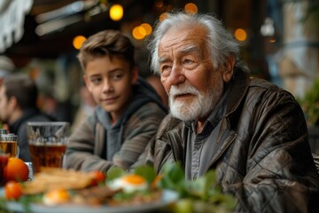 Fototapeta premium A senior man enjoying a meal outdoors, with a young boy in the background, capturing a moment of generational connection