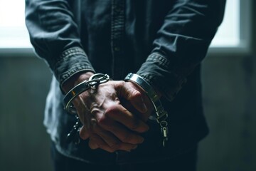 A man prisoner with chained Hands, Man in handcuffs, Close-up, man in handcuffs. Arrested man handcuffed hands, Ai generated