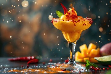 A gourmet Mangonada - mango chili cocktail - artfully presented