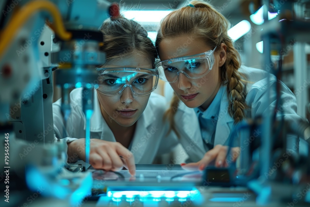 Poster two focused scientists work together examining samples in a high-tech laboratory setting