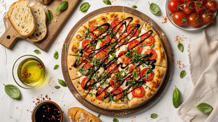 Caprese-inspired pizza with balsamic drizzle, surrounded by rustic breads on a clean, light setting, utilizing soft natural light. , natural light, soft shadows, with copy space, t