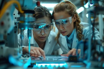 Two focused scientists work together examining samples in a high-tech laboratory setting